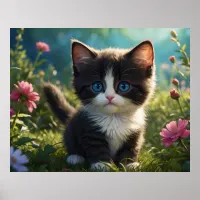 *~* Flowers Black Kitty Cat 5:4 Feline Kitten Poster