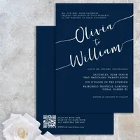 Navy Script QR Code Wedding Invitation