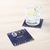 90th birthday navy blue silver stars photo square paper coaster