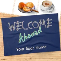 Nautical Welcome Aboard Boat Name Navy Blue Kitchen Towel