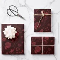 Moody Dark Burgundy Rustic Watercolor Flowers Wrapping Paper Sheets