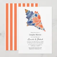 Coral & Navy Seashell Coastal Beach Couples Shower Invitation