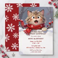 Red Snowflake Winter Kitten Girls Birthday Invitation
