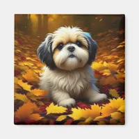 Shih Tzu Puppy Dog Playing in Fall Leaves   Magnet