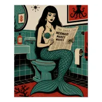 Mid Century Sea Siren on Toilet Reading Newspaper Poster