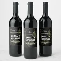 Modern Arched Black Gold Wedding Botanical Theme Wine Label