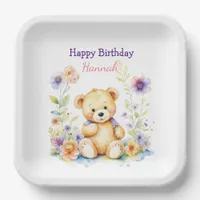 Teddy Bear in Flowers Girl's Birthday Party Paper Plates