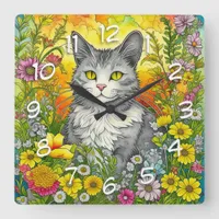 Whimsical Cat and Flowers Square Wall Clock