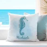 Watercolor Seahorse Coastal Ocean Name Throw Pillow