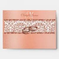 Peach Metallic Monogram Damask Glitter Wedding Envelope