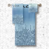 Monogrammed Metallic Ice Blue Dripping Glitter Bath Towel Set