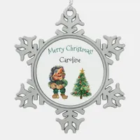 Cheeky Christmas Troll and Tree Delight  Snowflake Pewter Christmas Ornament