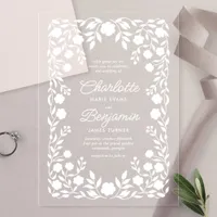 White Ornate Floral Border Wedding Acrylic Invitations