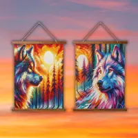 Wolf Face with Sun & Forest | Hanging Tapestry