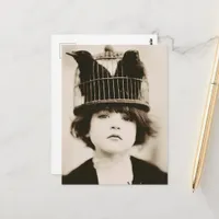 Woman With Bird Cage Hat Postcard