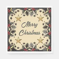 Retro Holly Berries and Evergreen  Napkins