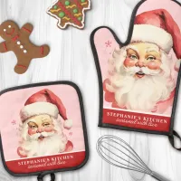 Vintage Watercolor Santa Face Christmas Custom Oven Mitt & Pot Holder Set