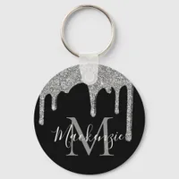 Chic Silver Glitter Drips Sparkle Monogram Keychain