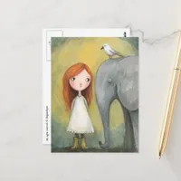 Cute Girl Red Hair With Elephant and Bird Postcard