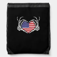 Skeleton Hand Heart 4th Of American Flag Patriotic Drawstring Bag