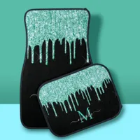 Monogram Metallic Aqua Blue Dripping Glitter Black Car Floor Mat