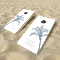 Dusty Blue Minimalist Tropical Palm Trees Wedding  Cornhole Set