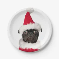 Cute Festive Christmas Black Pug Santa Hat Paper Plates