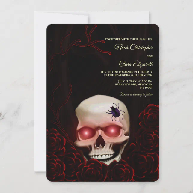 Black floral dark moody gothic skull halloween invitation