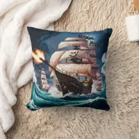 Pirate Ship Engaging in Naval Battle at Sea Throw Pillow