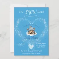 Snow Excited Blue Teddy Bear Baby Shower Invitation