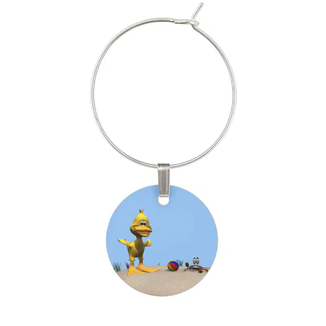 Cute Cartoon Duck and Crab on Beach Wine Glass Charm