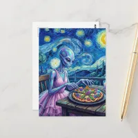 Cute Alien in Pink Dress Eats Pizza Faux Van Gogh Postcard