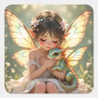 Fairy and Dragon | Chibi Anime Fairy Tale Square Sticker