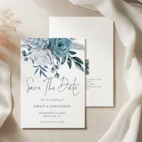 Modern Blue Florals QR Code Wedding Save The Date