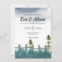 Rustic Pine Meadow Fence Watercolor Winter Wedding Invitation