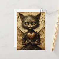 A sad kitty with a barbed heart postcard