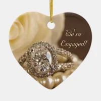 Oval Diamond Engagement Ring and White Rose Ceramic Ornament