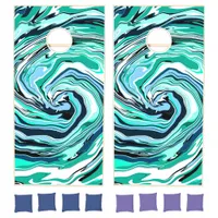 Blue, Teal, Turquoise and White Swirls Marble Art  Cornhole Set