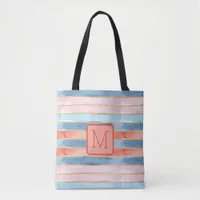 Watercolor Stripes Corals Color Block Monogram Tote Bag