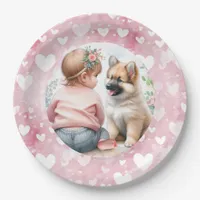 Baby Girl and Puppy Pink Baby Shower Paper Plates