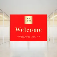 Red business logo welcome opening hours window cling