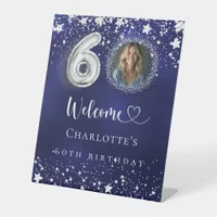 60th Birthday blue silver stars photo welcome Pedestal Sign