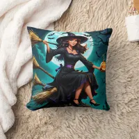 A charming witch with a pumpkin at twilight throw pillow