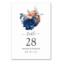 Coral, Navy and Silver Floral Wedding Table Number