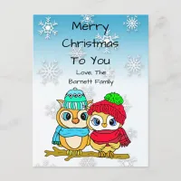 Personalized Owl Couple on Tree Branch Christmas Postcard