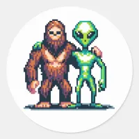 Extraterrestrial Alien Being and Bigfoot Pixel Art Classic Round Sticker