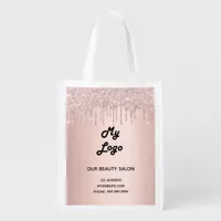 Rose gold glitter drip business logo grocery bag