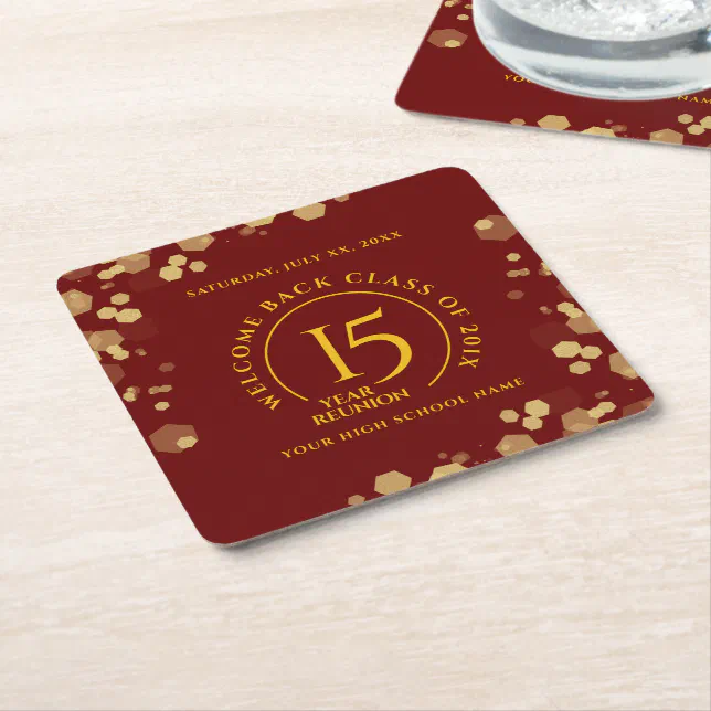 Red & Gold School College Class Reunion Square Paper Coaster