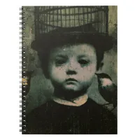 Surreal Black and White Caged Bird and Child Retro Notebook