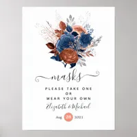 Coral, Navy and Silver Floral Wedding Face Masks Poster